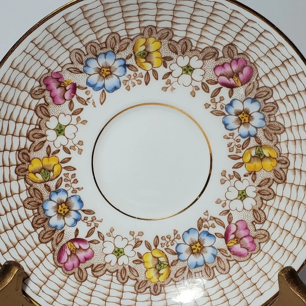 Rosina Teacup and Saucer Floral Basket Weave Pink Blue Flowers Vintage